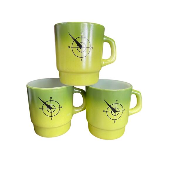 Anchor Hocking Fire King Other - Anchor‎ Hocking Fire King Stackable Mugs Green Yellow Ombre Compass Nautical 3